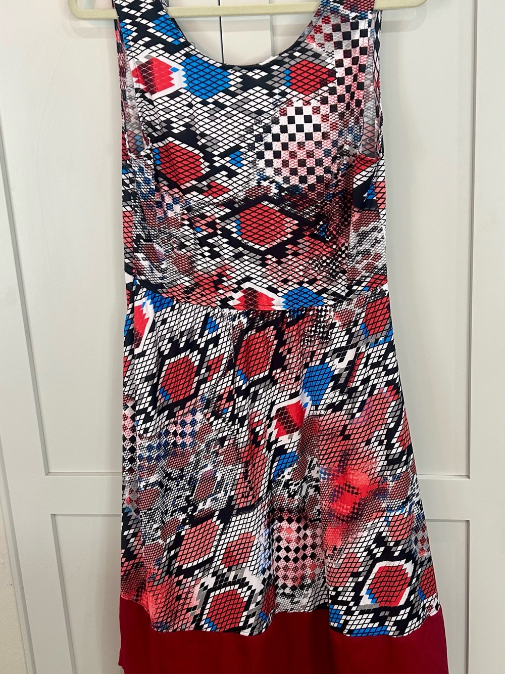 Geometric Print Skater Dress with Red Accent